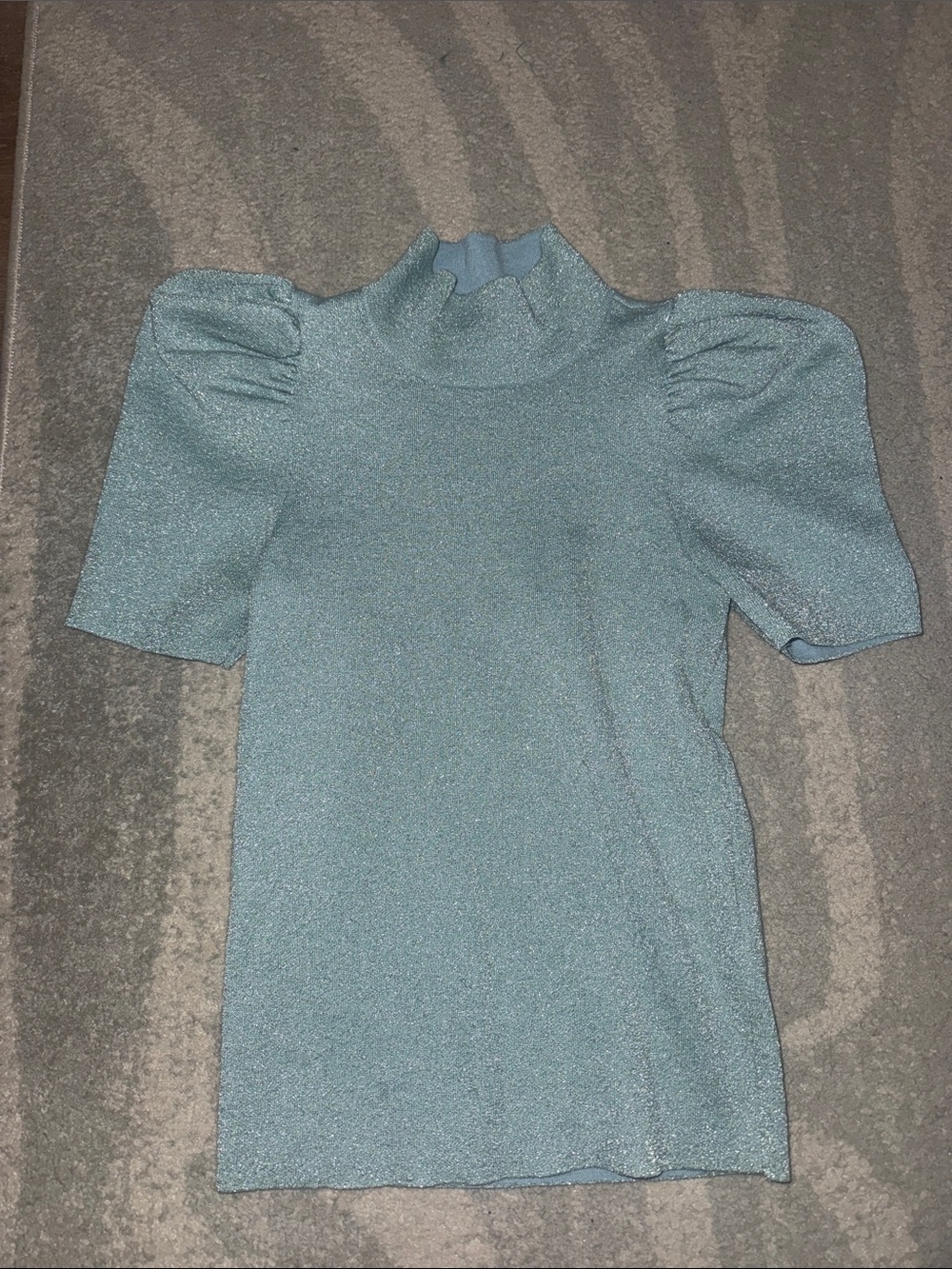 Alice + Olivia Sparkle Puff Sleeve Mock Neck Top in Teal